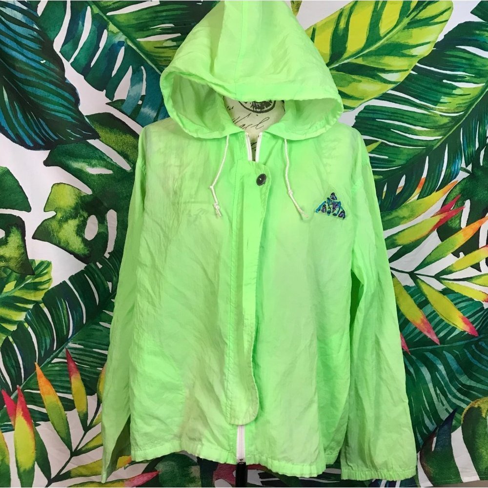 Vintage G4000 Womens Medium Neon Green Disneybound Zip Hooded Windbreaker